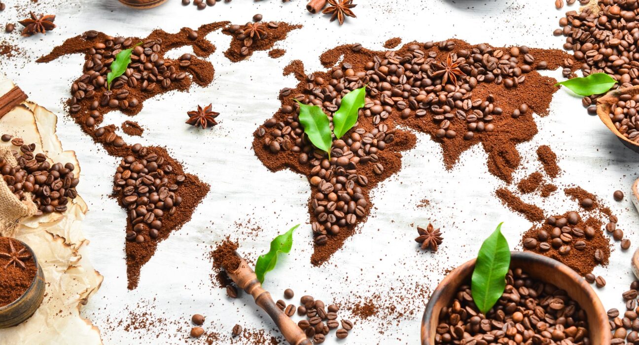 World map made of coffee beans and coffee ground