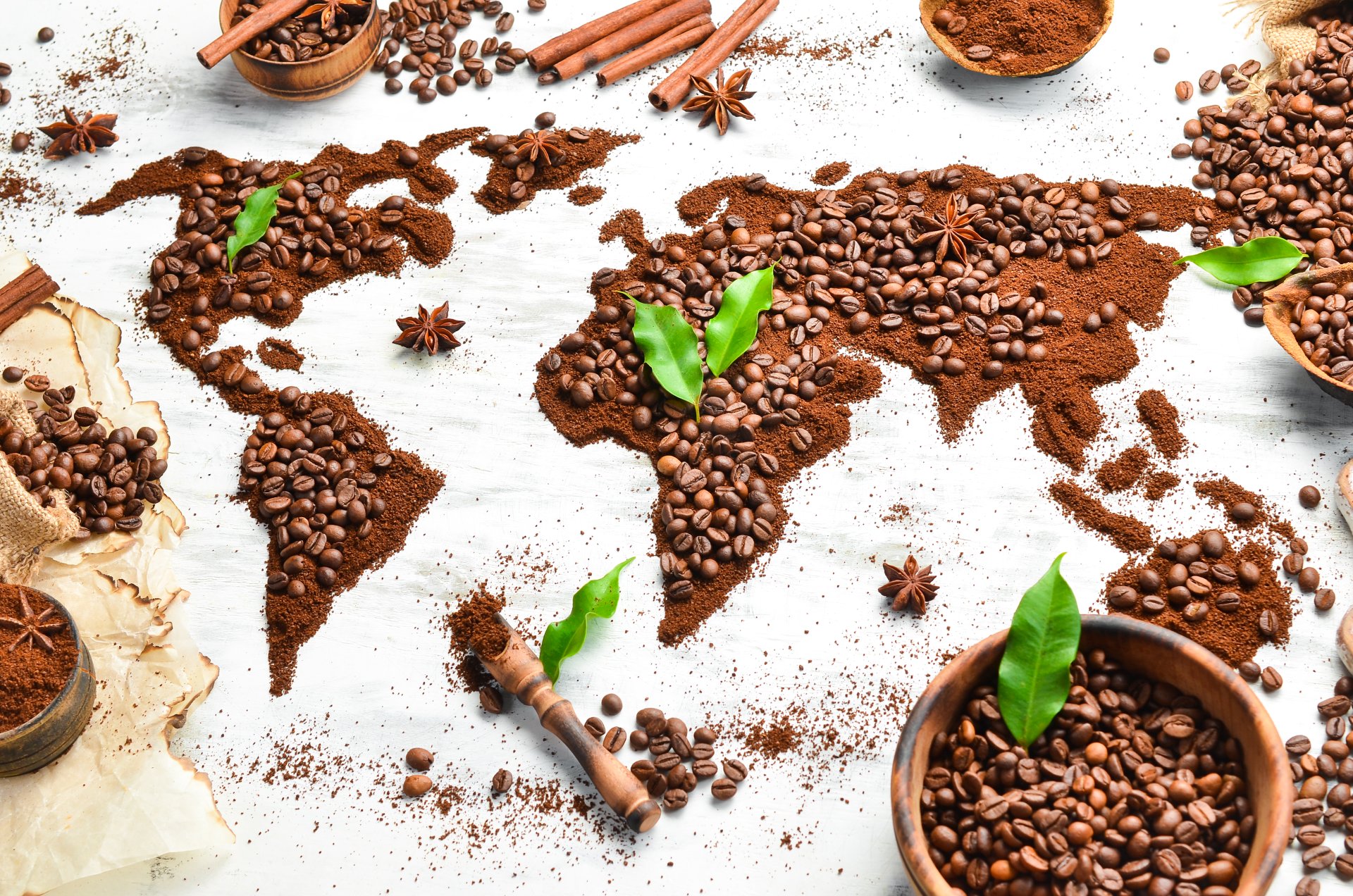 World map made of coffee beans and coffee ground